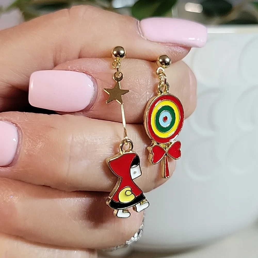 Little Red Riding Hood Mismatched Drop Earrings, S925 - Picture 3 of 4